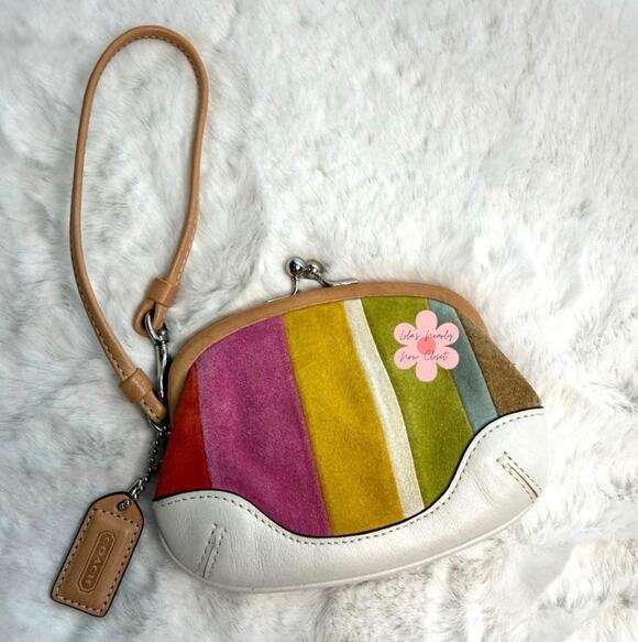 Coach Handbags - y2k Coach Vintage Striped Kisslock Suede Leather Wristlet